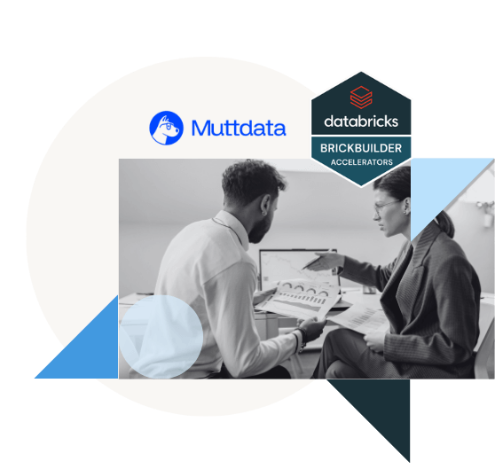 Muttdata, Databricks logos, 2 people discussing data.
