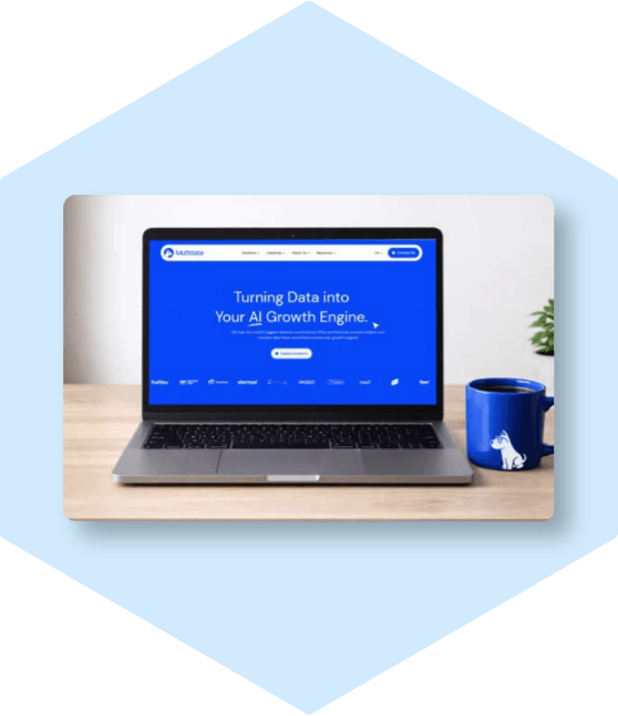 Laptop with 'AI Growth Engine' & dog mug.
