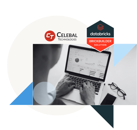 Laptop with data, Celebal & Databricks logos.