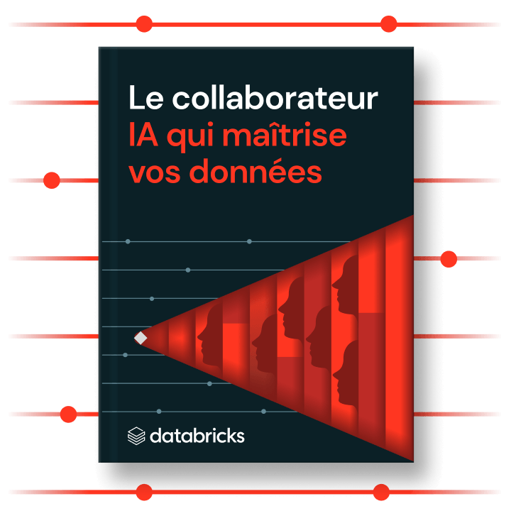 Couverture d'ebook Databricks intitulée « Le collaborateur IA qui maîtrise vos données », avec des silhouettes de profils humains rouges formant une flèche, sur fond blanc traversé de lignes rouges horizontales.