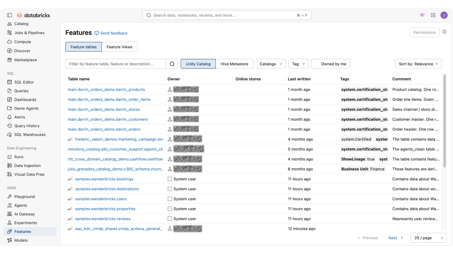 Databricks UI showing a table of features.