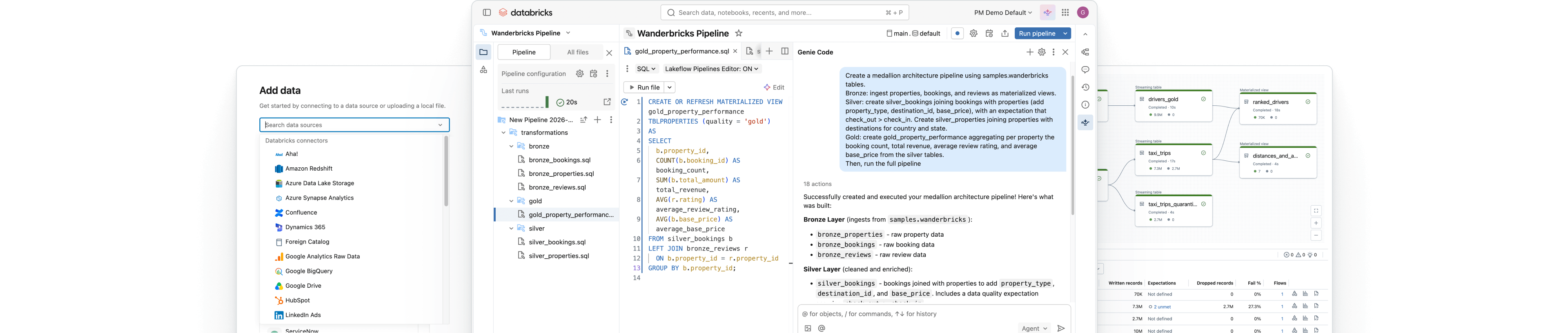 Databricks pipeline UI with code, sources, and DAG
