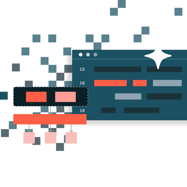 Digital process flow with blocks, arrows, window.