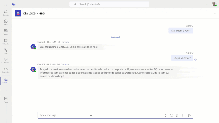 AI bot ChatGCB explains data analysis in Teams chat.