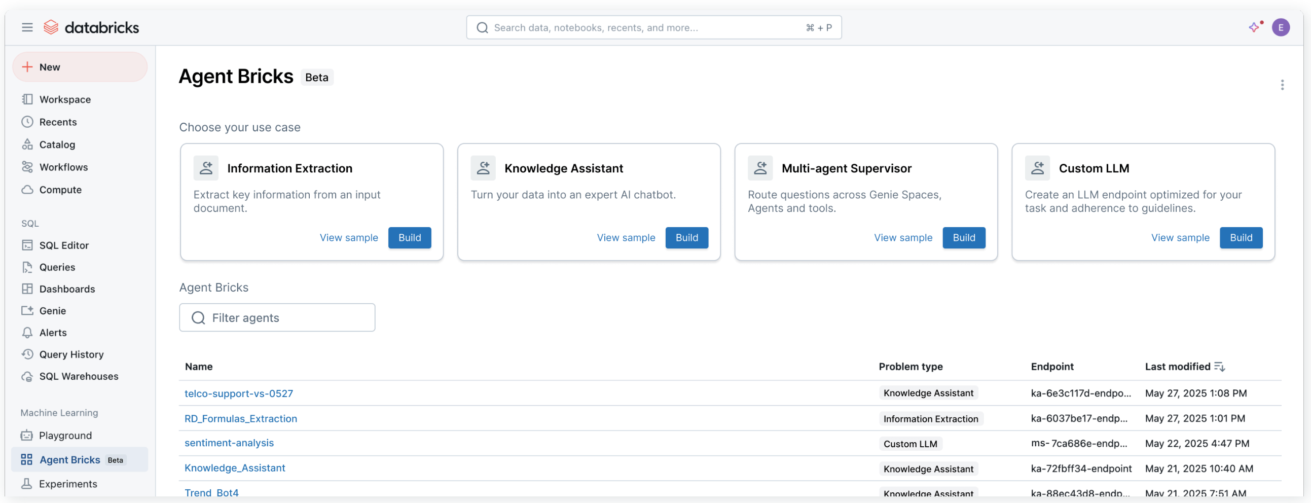 Agent Bricks dashboard