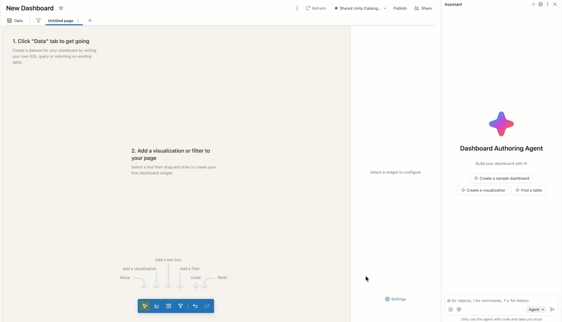 Animated GIF showing an AI assistant building a dashboard based on a natural language prompt