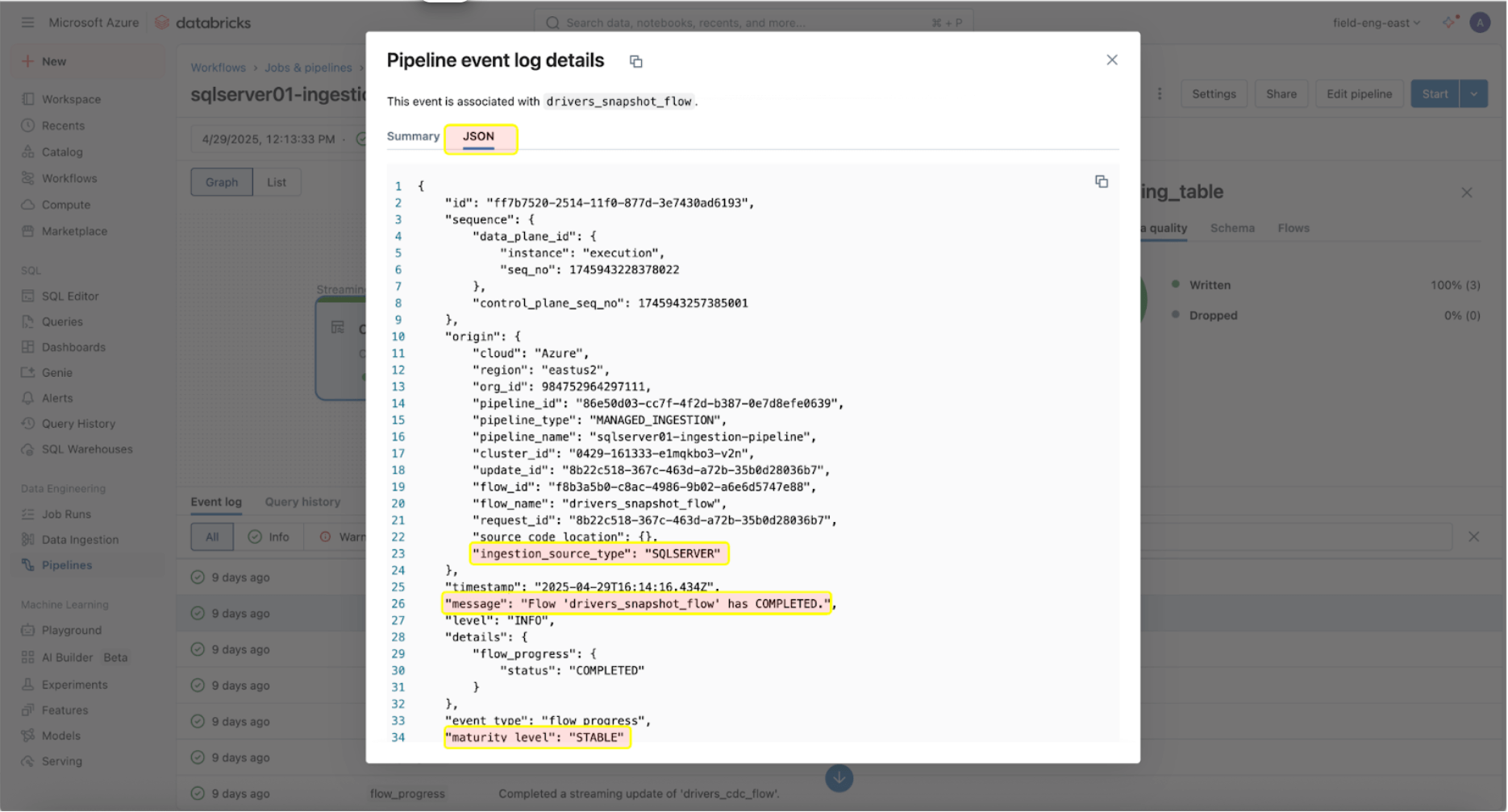Databricks Pipeline Event Log Details - JSON