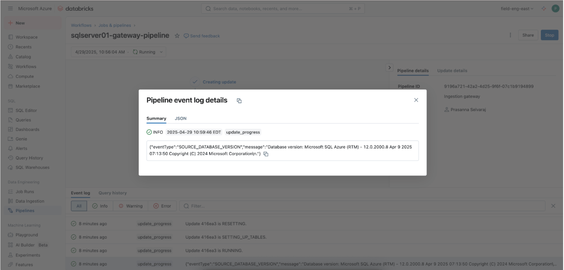 Databricks Pipeline UI - Pipeline Event Log: ‘update_progress’