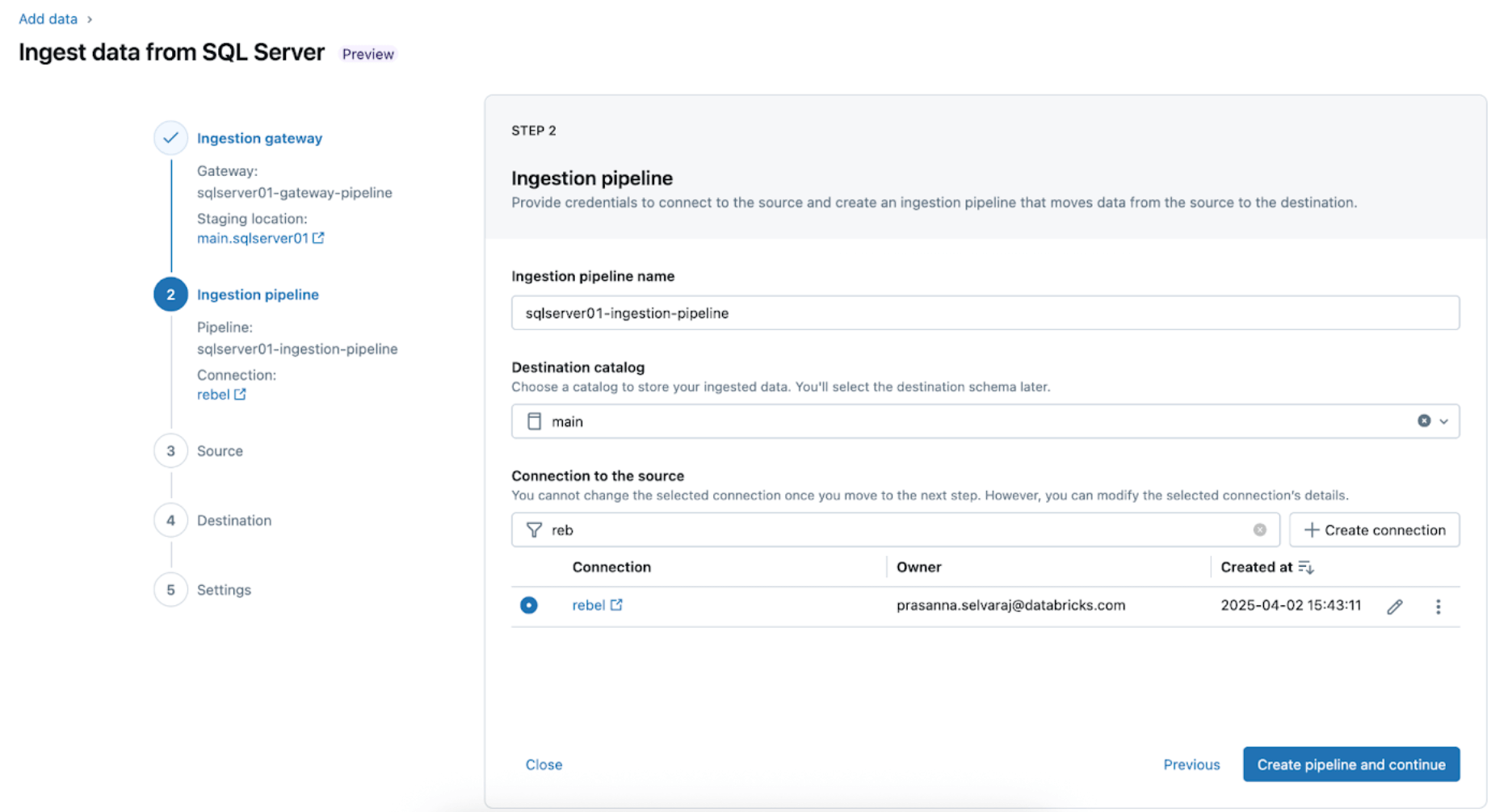 Databricks UI - SQL Server Connector: Ingestion Pipeline