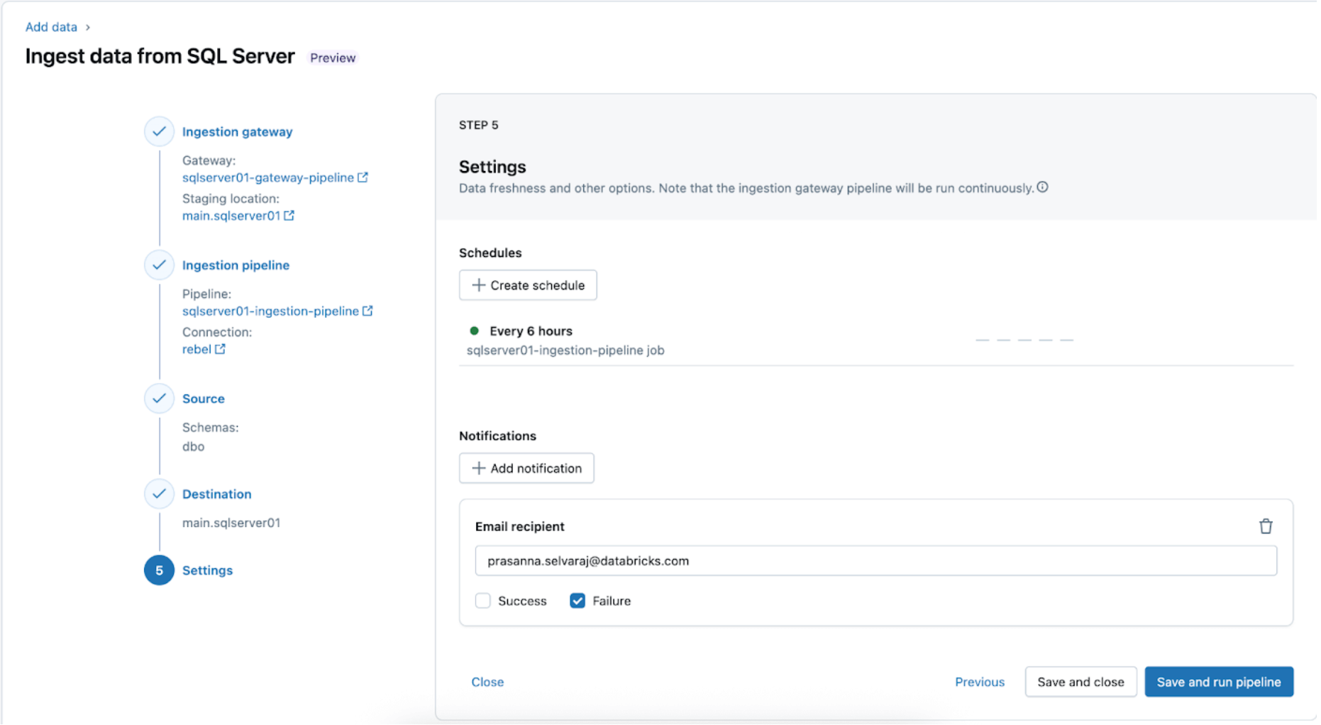 Databricks UI - SQL Server Connector: Settings