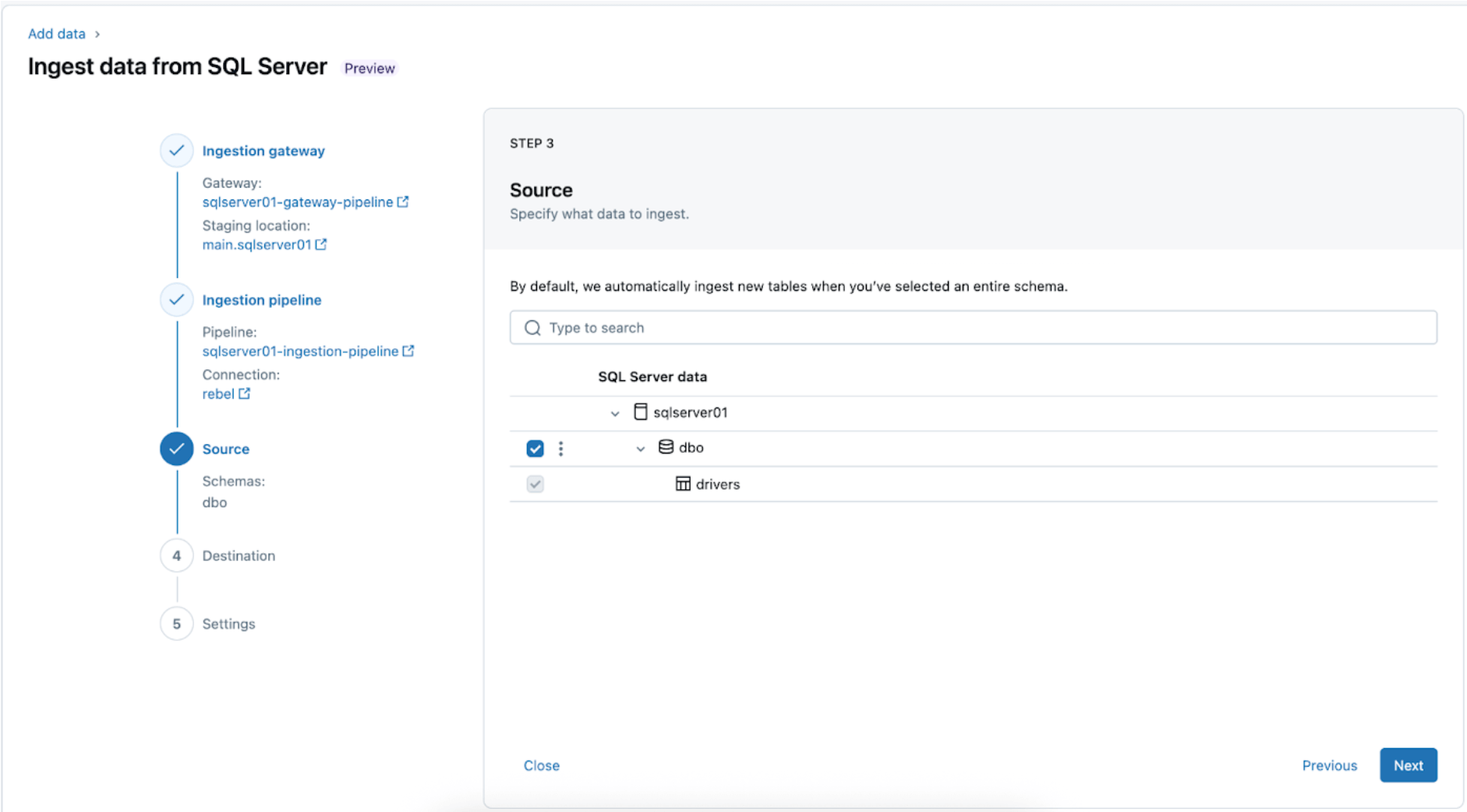 Databricks UI - SQL Server Connector: Source