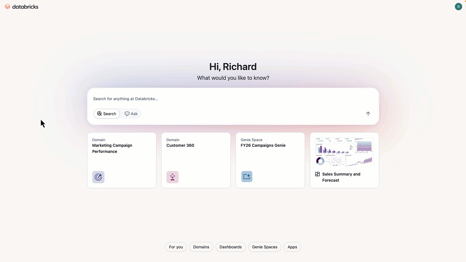 Personalized recommendations in Databricks One.