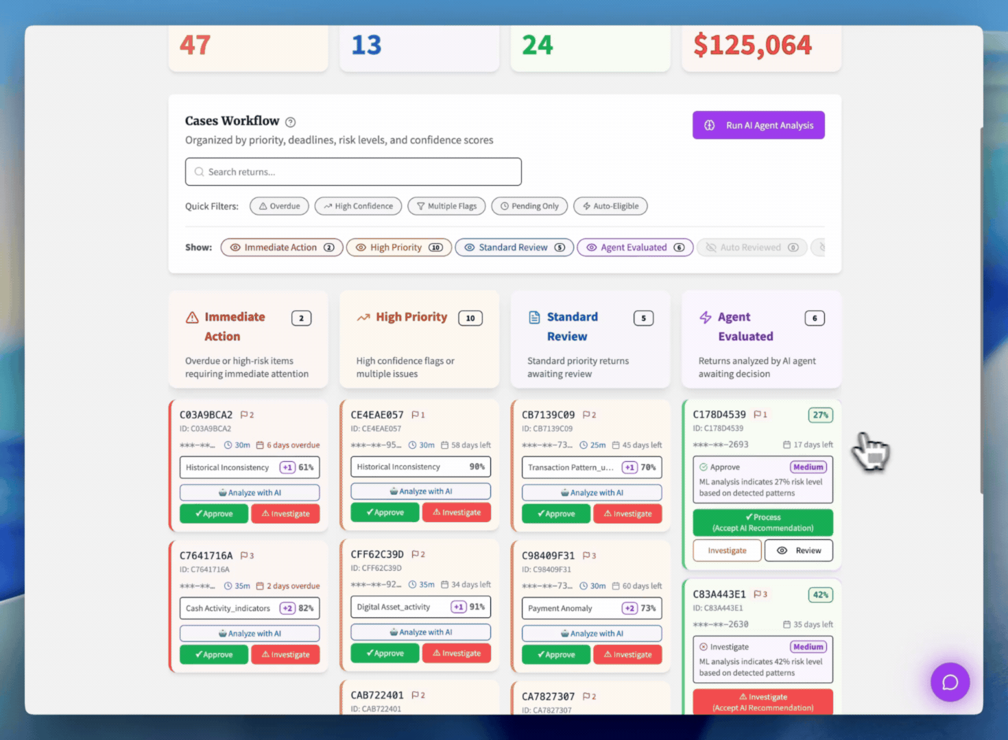 Case detail view with embedded agent recommendation panel.