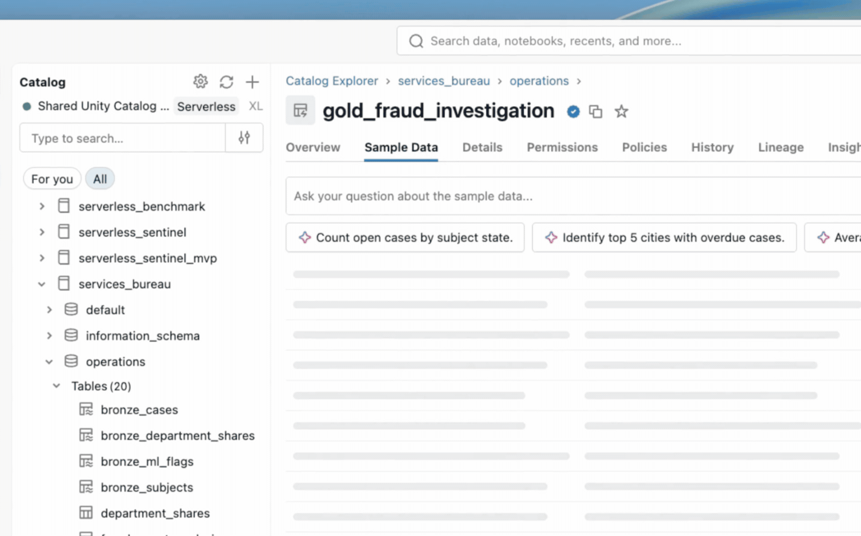 Unity Catalog table view showing governed tags and masked PII columns for a junior analyst role.