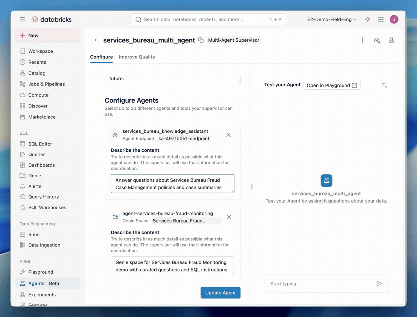 Agent Bricks configuration panel showing connected agents.