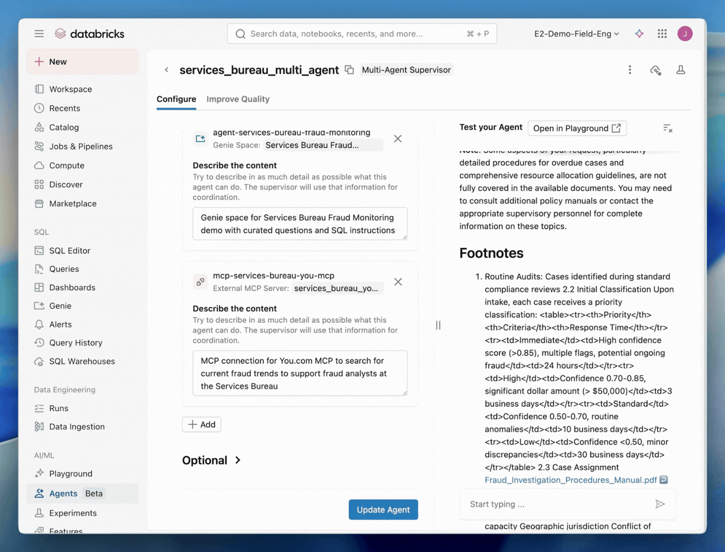 Agent response includes citations and external references.