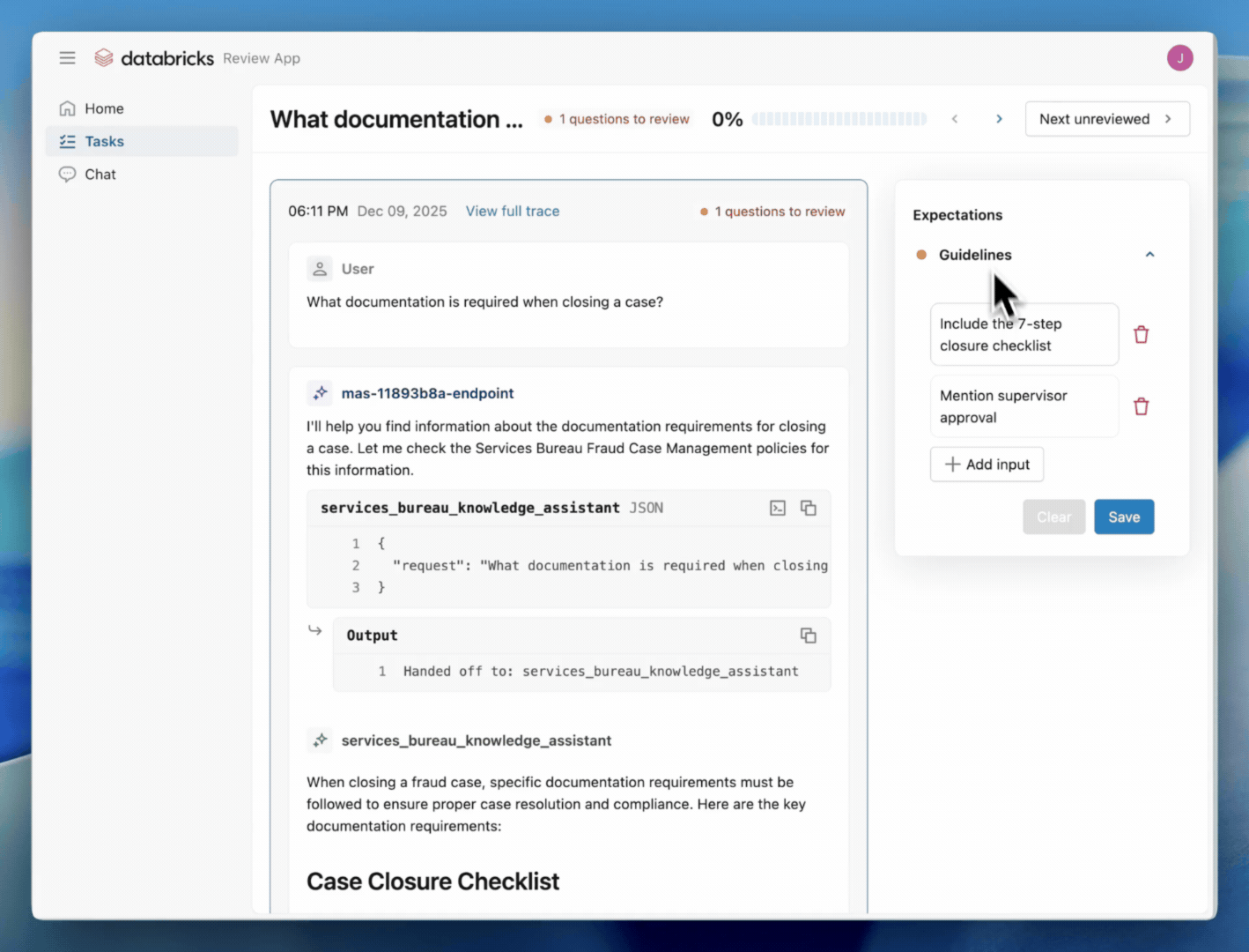Labeling session interface for agent feedback.