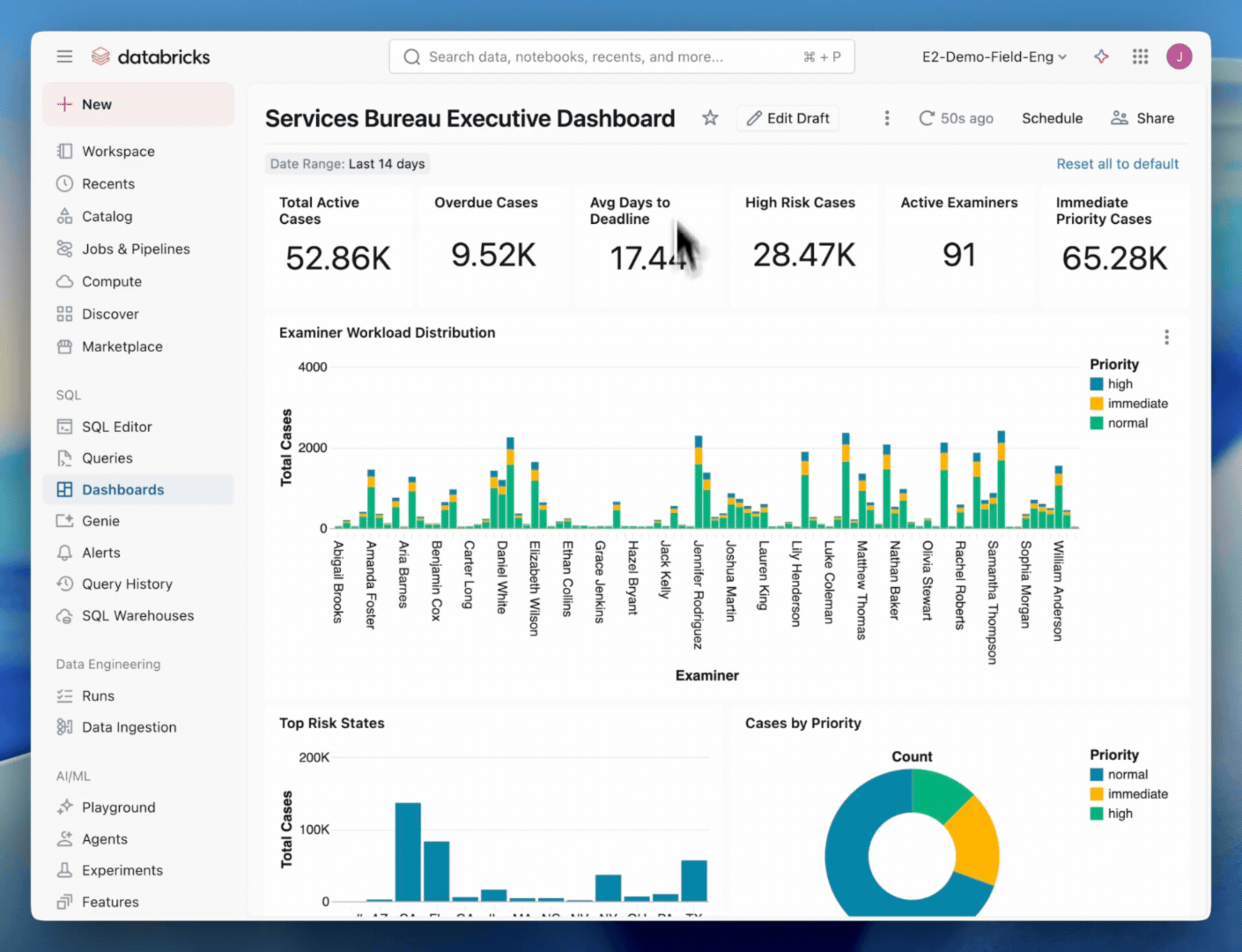 Executive dashboard with interactive filtering applied to a single examiner, Jennifer.
