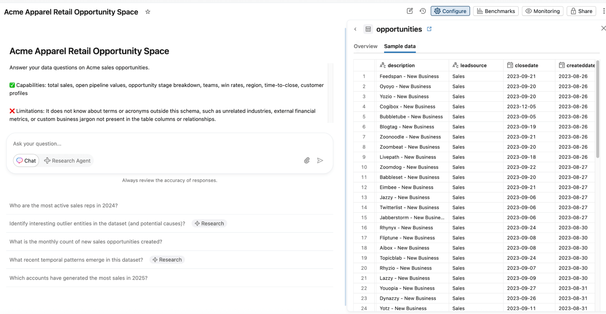 Genie analytics interface with chat input and dataset preview panel.