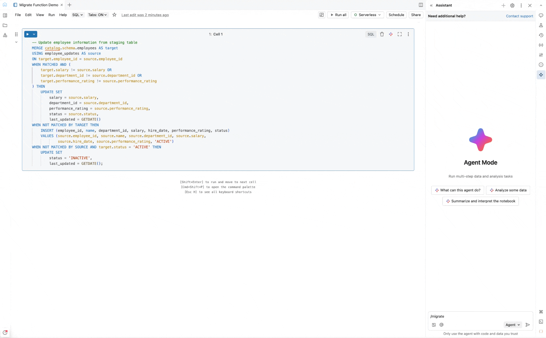 Lakebridge’s AI-powered migrate function converts source SQL to ANSI SQL with natural language prompts