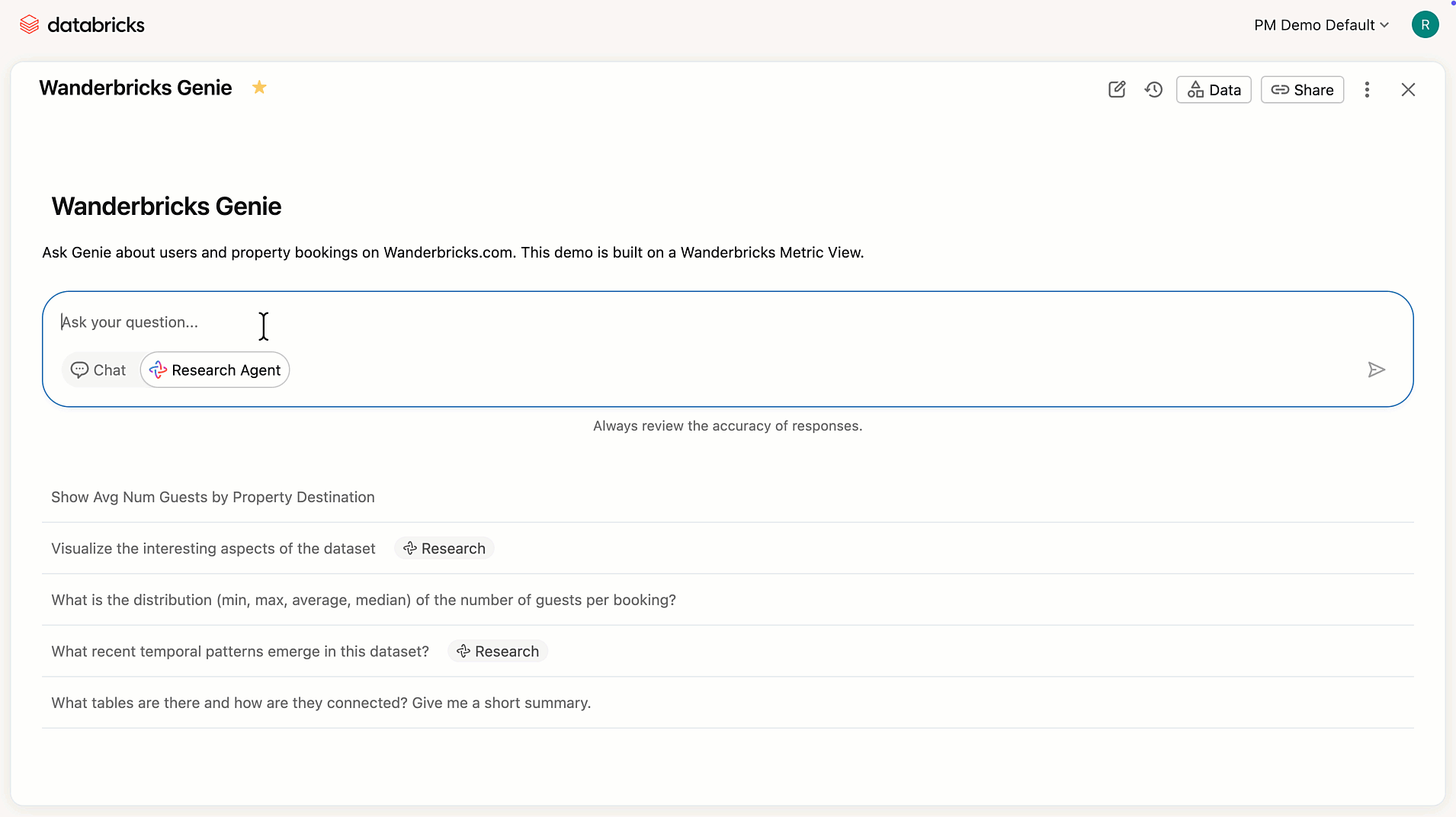 Genie interface showing chat prompt suggestions and research question options.