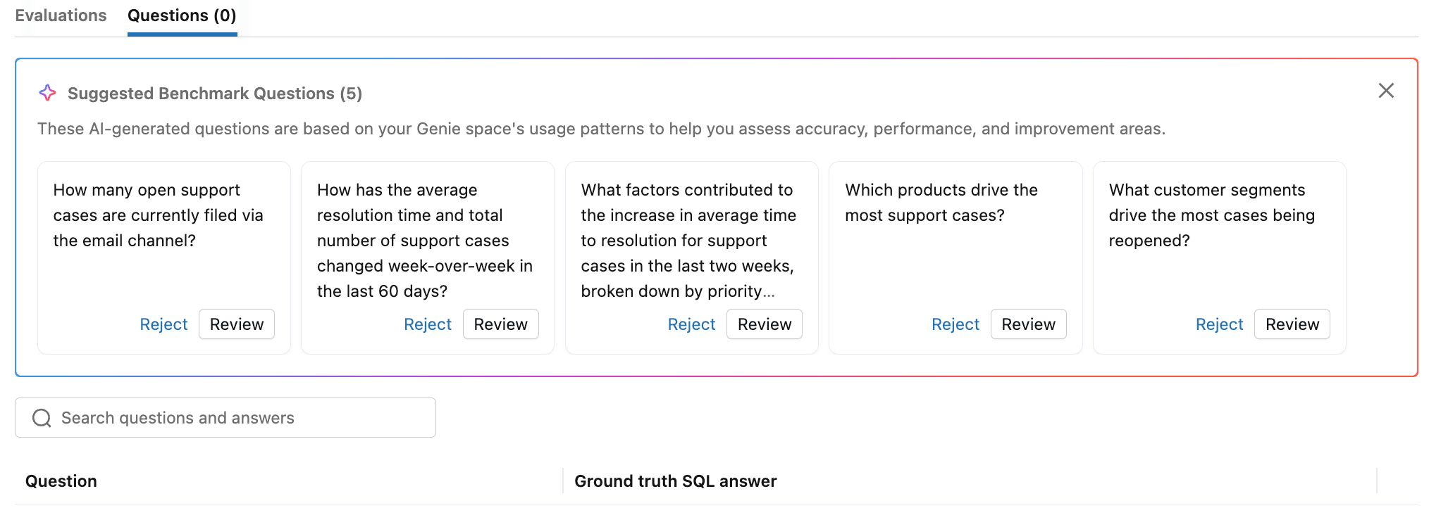 Panel displaying AI-generated benchmark questions with review and reject options.