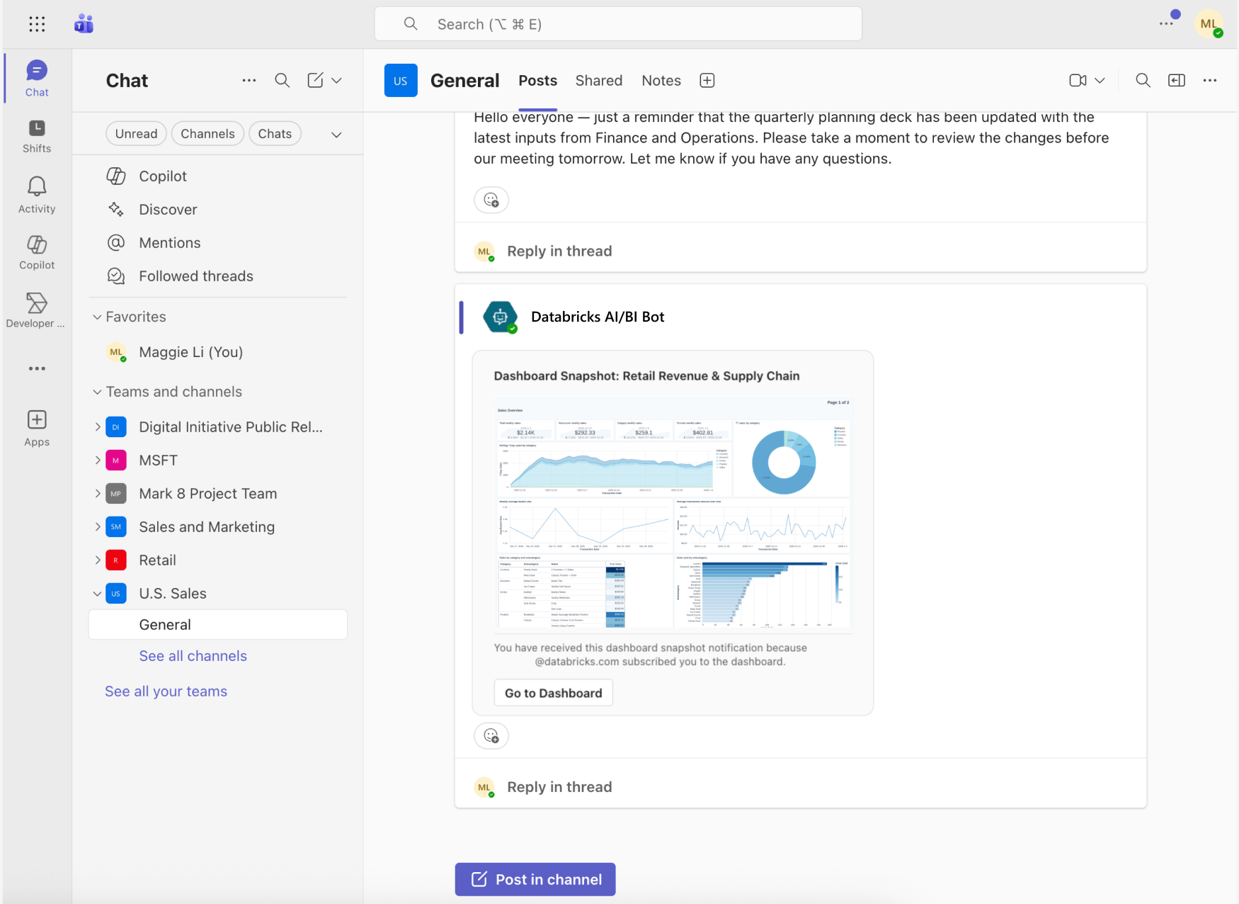 Microsoft Teams channel showing embedded dashboard snapshot and link to dashboard.