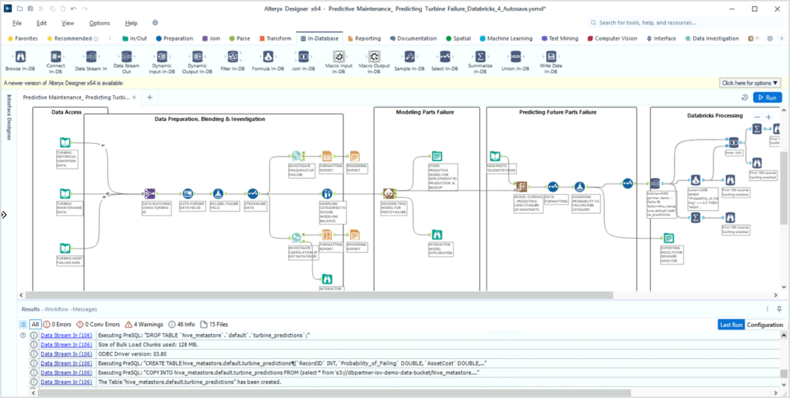 Screenshot of an Alteryx Designer workflow for predictive maintenance, showing connected tools across stages from data access to Databricks processing.