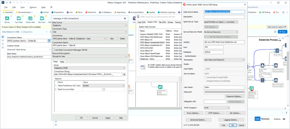 Screenshot of Alteryx Designer showing configuration windows for Databricks in-database ODBC connection setup.