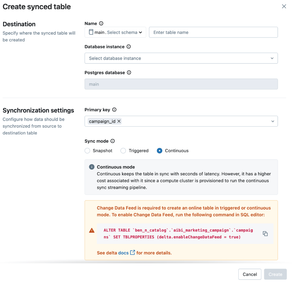 Create synched table into a Lakebase instance