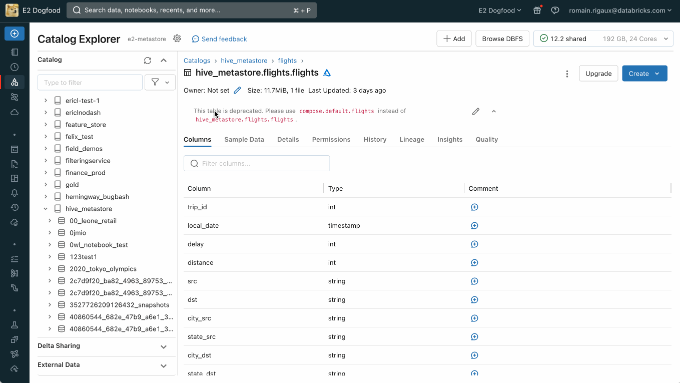 Example of the automated update to queries using legacy deprecated HMS tables