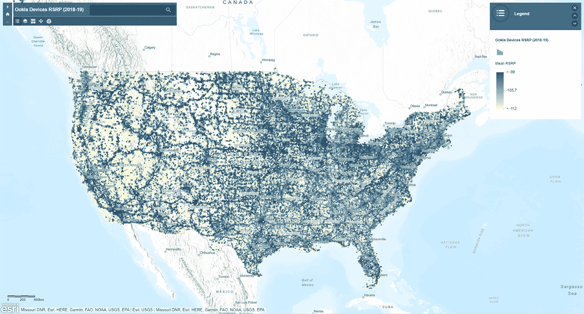 Fig 3. Interactive ArcGIS web app displaying spatial pattern of mobile device signal strengths in the Conterminous United States