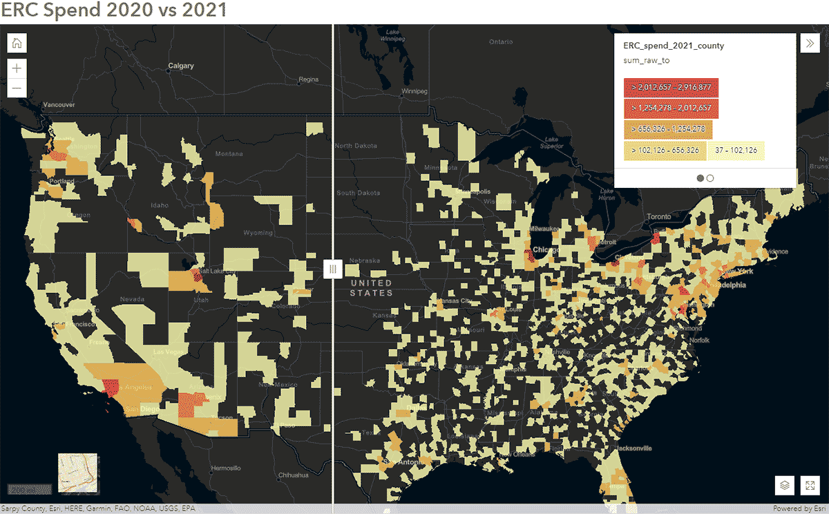 Fig 6. Rental car spending pattern dashboard showing county-level aggregated spend (USD) over the pandemic years of 2020 and 2021