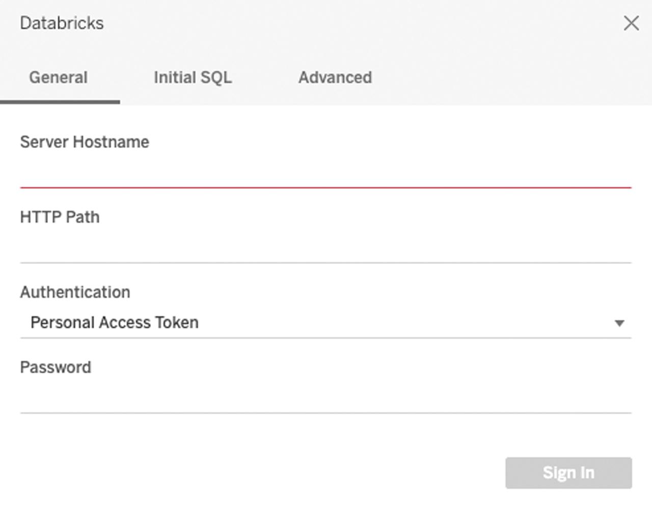 Databricks connection window in Tableau Desktop