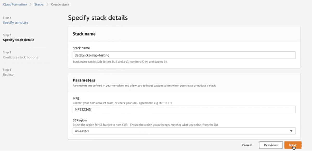 Providing the MPE ID before initiating the AWS CloudFormation Stack for MAP