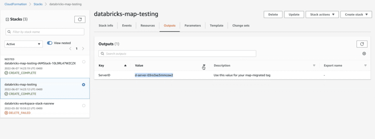 Copying the server IDs from the AWS CloudFormation output to be used in MAP tagging