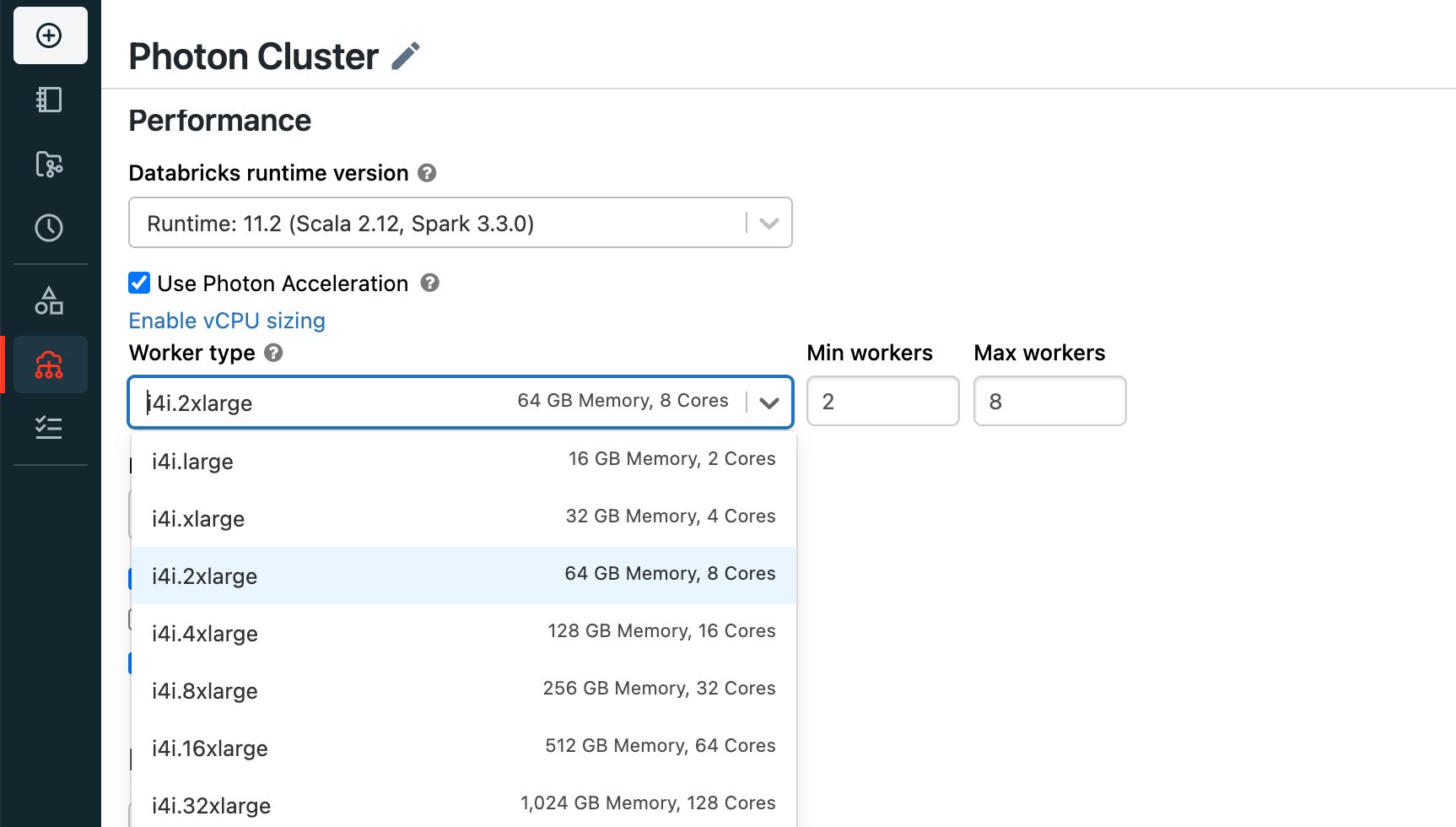 Configuration for Photon and i4i instances when creating a Databricks cluster