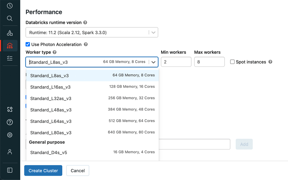 Configuration for Photon and L8as_v3 instances when creating a Databricks cluster