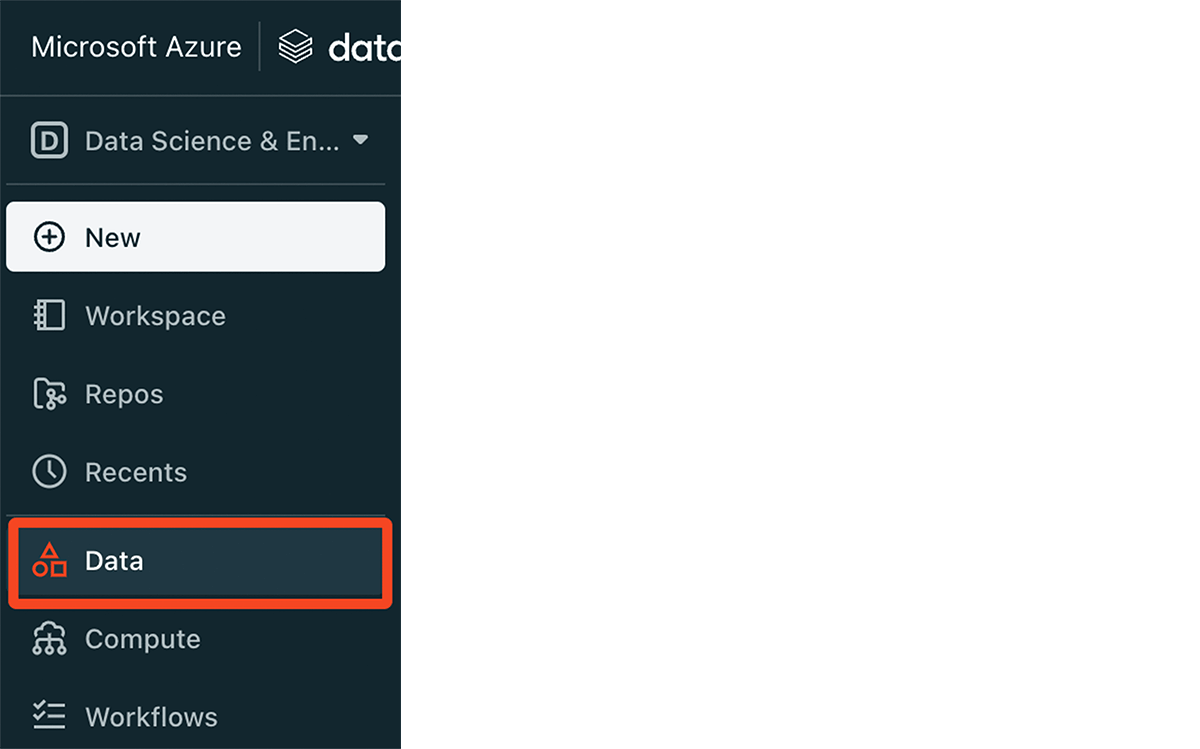 On the left navigation bar in Azure Databricks, all the published tables are accessible from “Data”, which is highlighted in the red box.