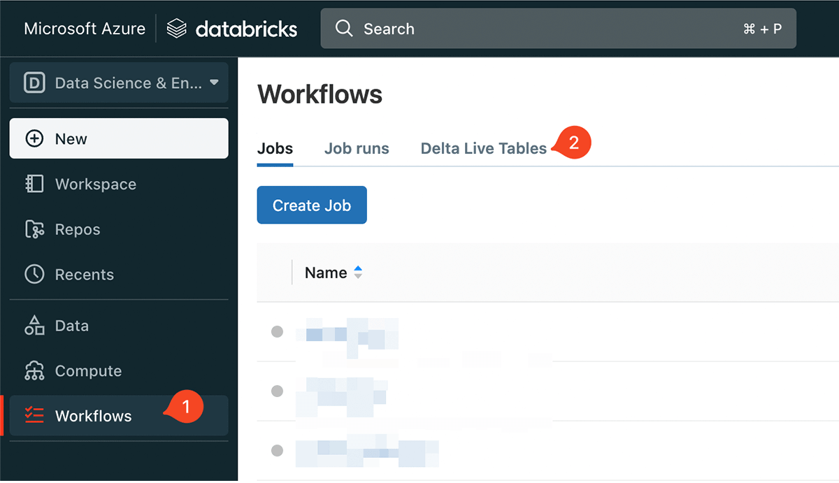 To create a DLT pipeline click Workflows in the navigation bar and select Delta Live Tables.