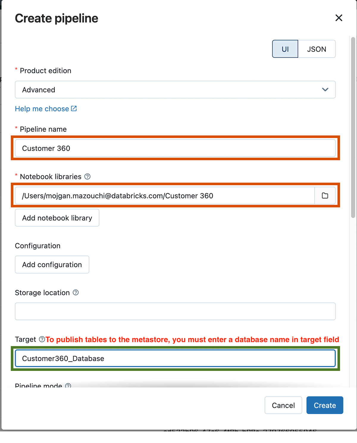 Add configurations and parameters required for creating your pipeline.