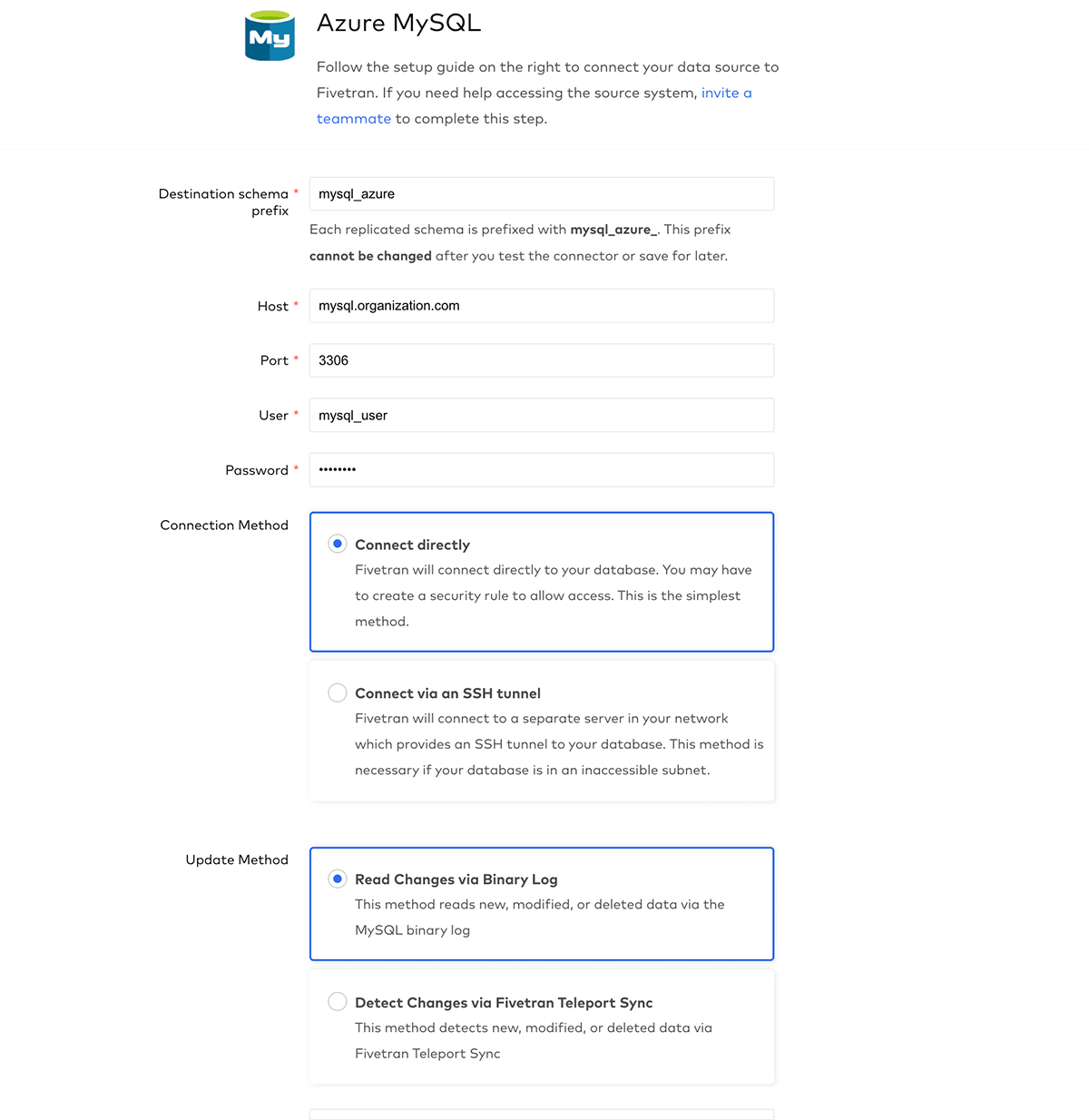 Enter credentials to connect Azure MySQL to Fivetran.