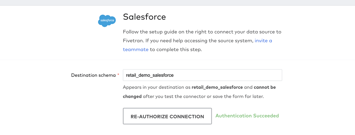 Enter credentials to connect Salesforce to Fivetran.