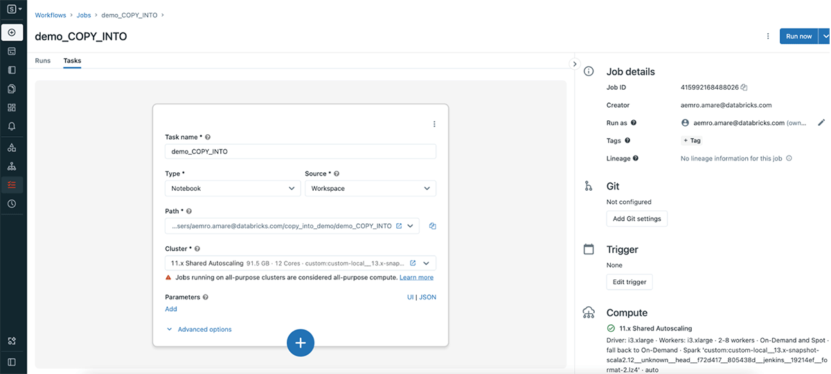 Figure 3: Databricks workflow UI to schedule a task