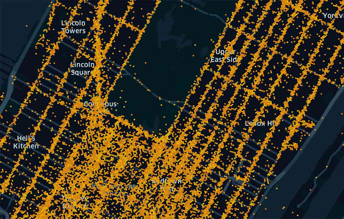 Taxi pick-up locations binned by H3 cells at resolution 12.