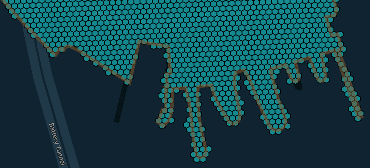 H3 polyfill tessellation demonstrating the border effects. 