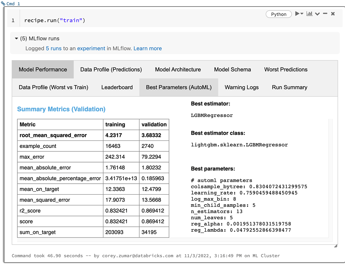 MLflow Recipes automatically finds a high-quality model for your machine learning task using AutoML. Detailed performance insights and parameters are produced for further tuning and iteration.