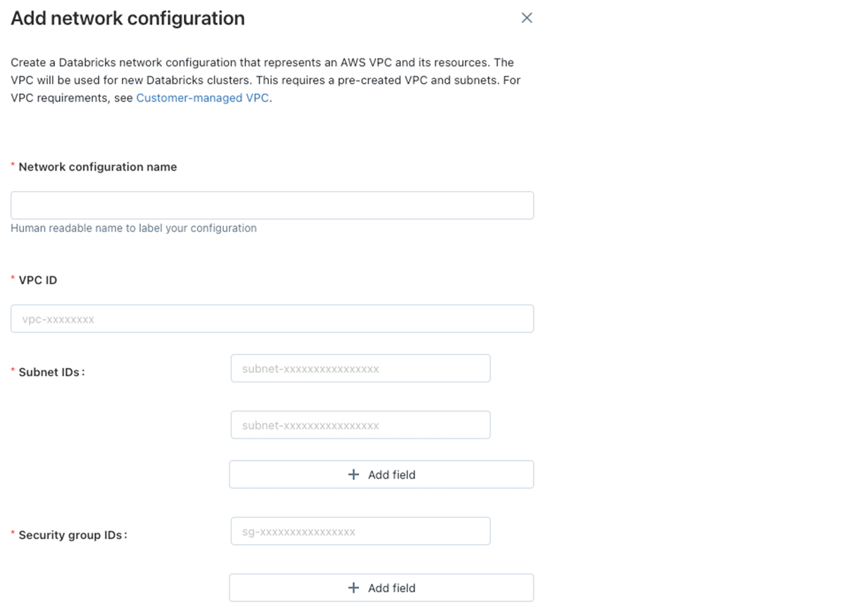 Databricks Account console view of adding a customer-managed VPC