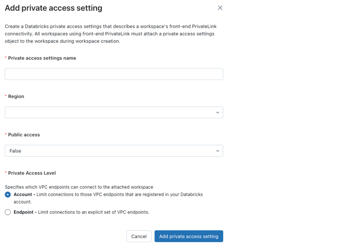 Databricks Account console view of adding a private access setting