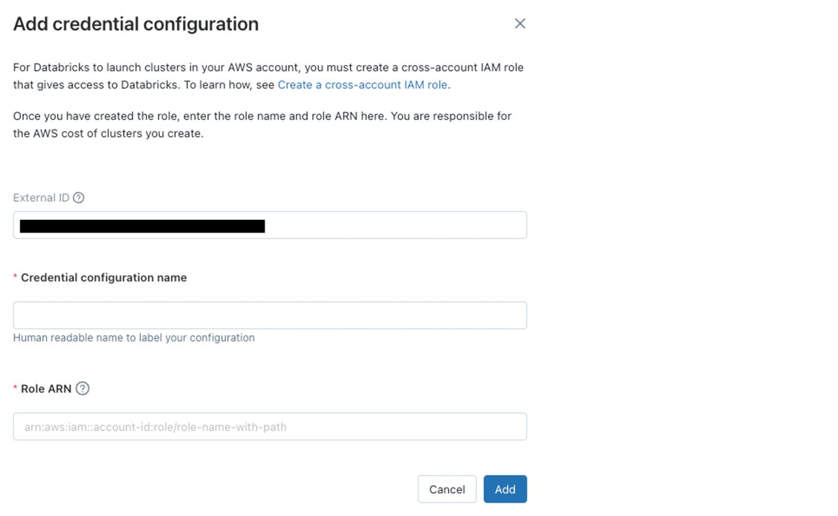 Databricks Account console view of adding a cross-account role